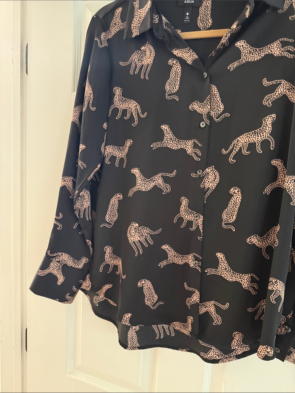 Aqua Black Button-Up Shirt with Pink Leopard Print for Adult